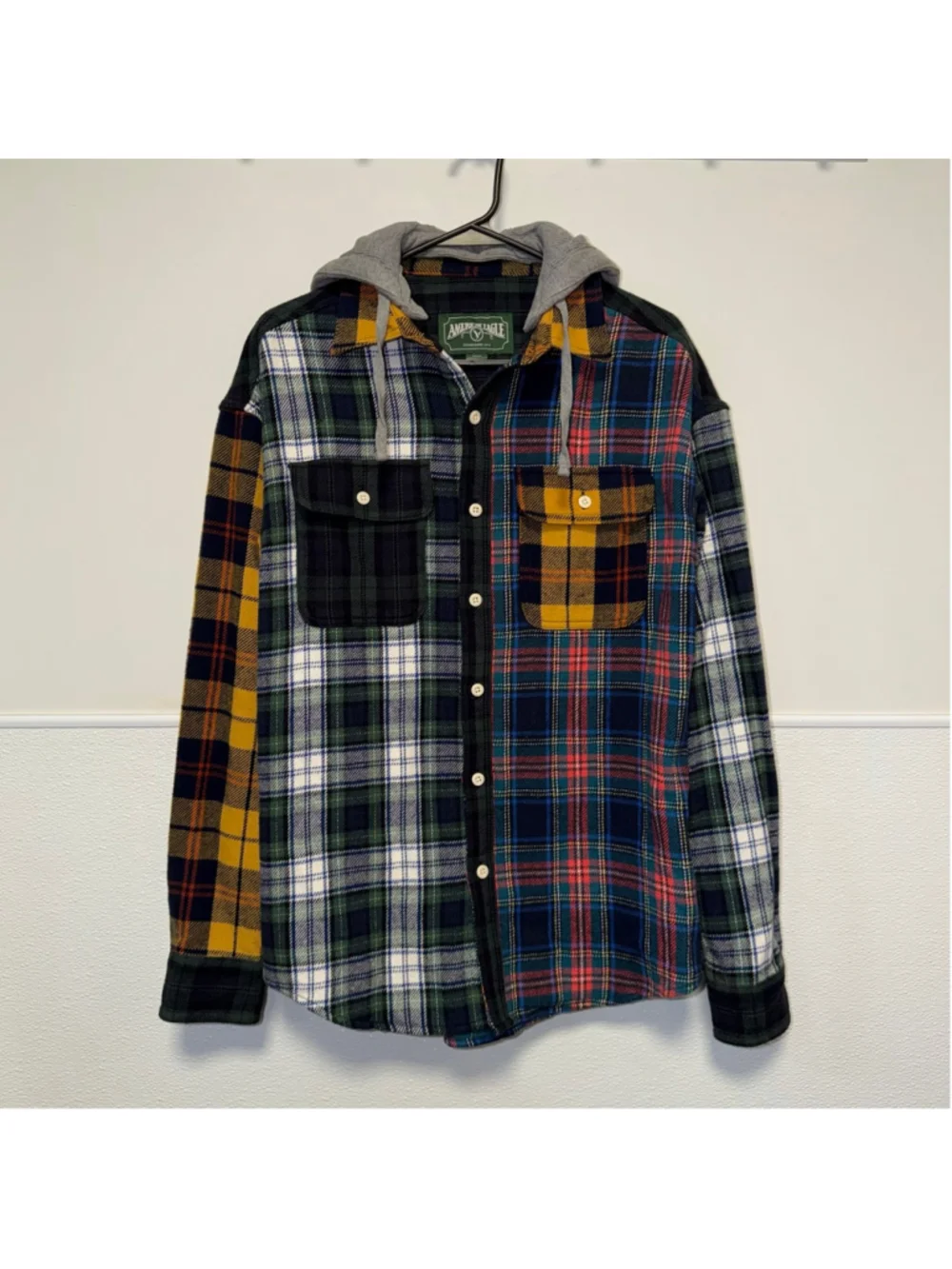 Mens American Eagle AEO Multi-color plaid Casual Shirt removable hood S Small